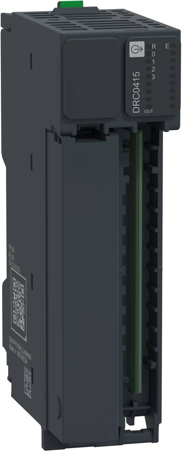 Schwarzes industrielles elektronisches Modul mit grünem Stecker und beschrifteter Frontblende „DRC01S