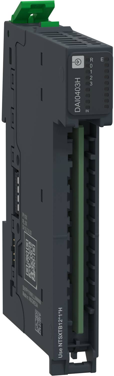 Schwarzes Industrieelektronikmodul mit grünen Anschlussklemmen und Statusanzeigen auf der Vorderseite, beschriftet mit „DATA03H
