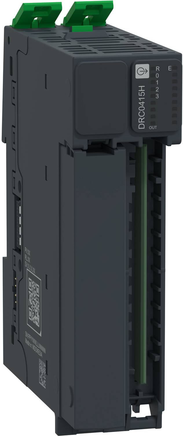 Schwarzes Industrie-Elektronikmodul mit grünen Anschllussklemmen und Statussymbolen auf der Vorderseite, dargestellt in einer 3D-Produktansicht.