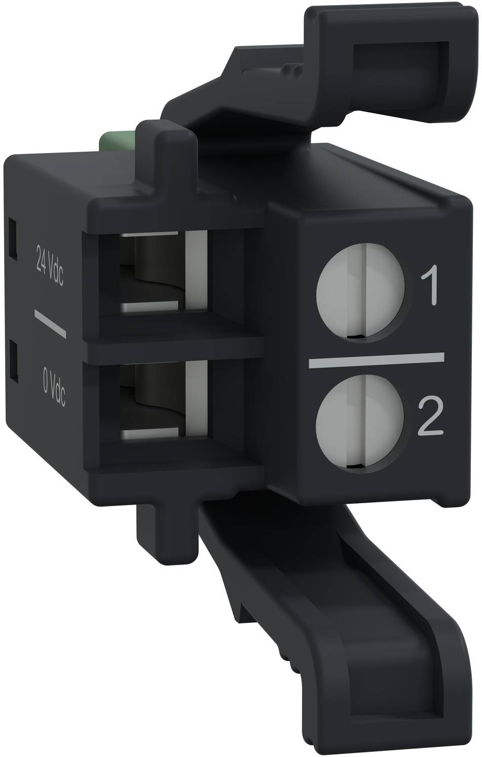 Schwarzes Elektrosteckermodul mit zwei nummerierten Anschlüssen „1