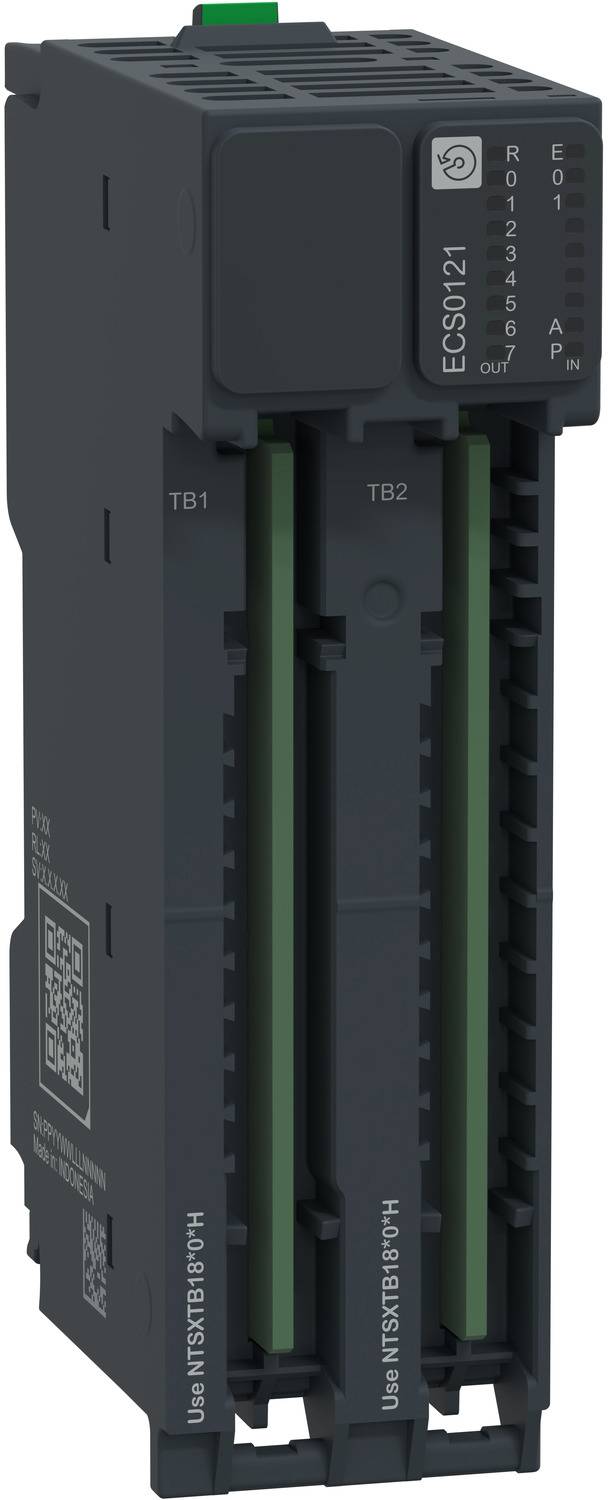 Schwarzes industrielles SPS-E/A-Modul mit zwei abnehmbaren Klemmleisten mit den Bezeichnungen TB1 und TB2 sowie Statusanzeigen an der Vorderseite.