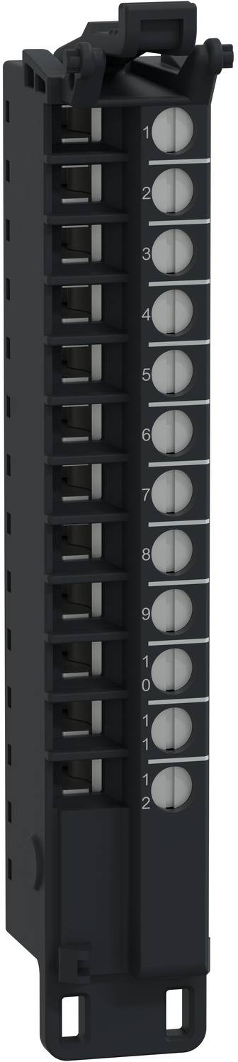 Schwarzes vertikales elektronisches Modul mit 12 nummerierten kreisförmigen Indikatoren an der Vorderseite, vermutlich ein Verbinder oder Steuergerät.