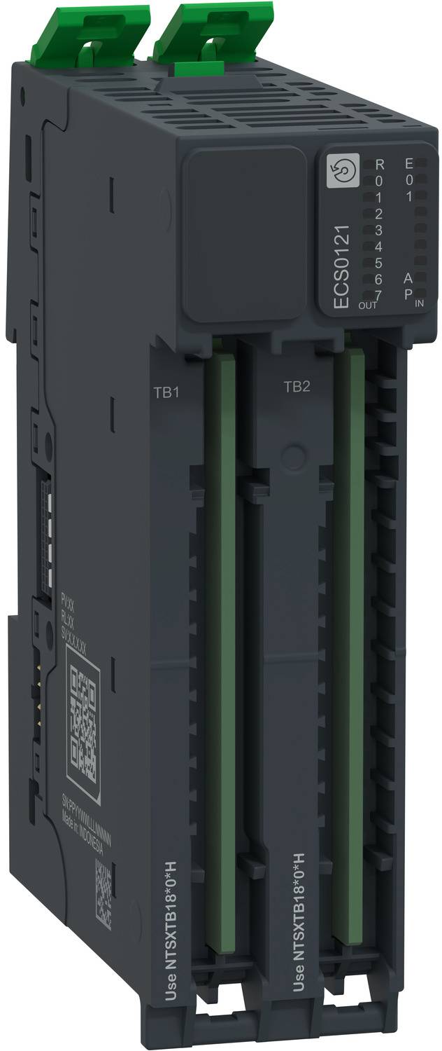 Schwarzes industrielles elektronisches Modul mit zwei grünen Steckerverbindern, beschriftet mit ECS0121 und TB1/TB2, gezeigt in Dreiviertelsicht.