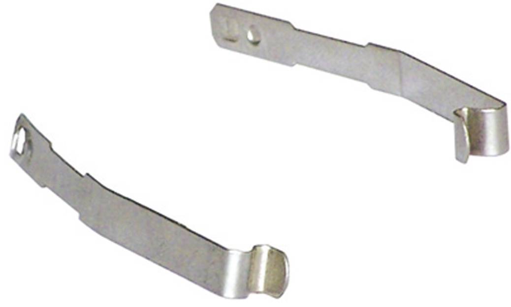 Zwei Metallfedern-Clips oder Halterungen auf weißem Hintergrund, einer über dem anderen.