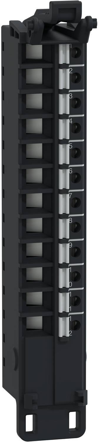 Schwarzes Kunststoff-Elektronikmodul mit einer langen Reihe von nummerierten Anschlussanschlüssen und Befestigungslöchern, Vorderansicht auf weißem Hintergrund.