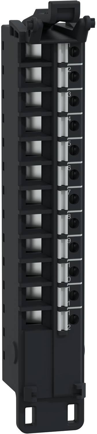 Vertikale schwarze Elektroklemmenleiste mit mehreren Schraubverbindungspunkten und zwei Befestigungsschlitzen, in der Vorderansicht dargestellt.