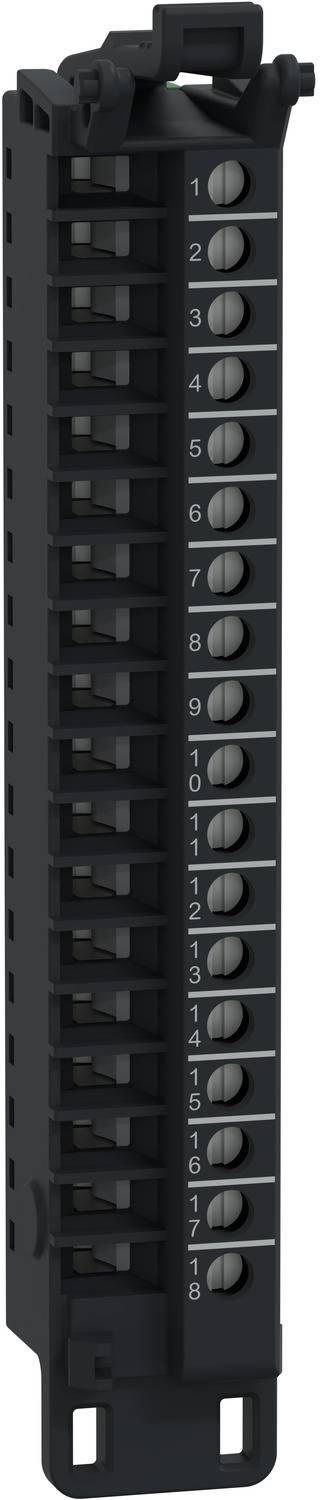 Vertikales schwarzes elektronisches Modul mit 16 nummerierten Schraubklemmen, wahrscheinlich ein industrielles E/A- oder Relais-Verbindungsblock.