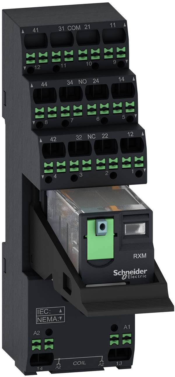 Schneider Electric RXM Steckrelais-Modul mit beschrifteten Anschlüssen und abnehmbarer Relais-Sockelbasis.