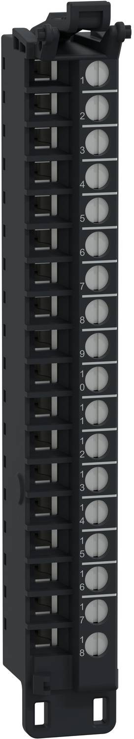 Schwarzes modulares Elektroklemmenbrett mit zehn nummerierten Schraubpositionen und Befestigungsnuten an den Seiten.