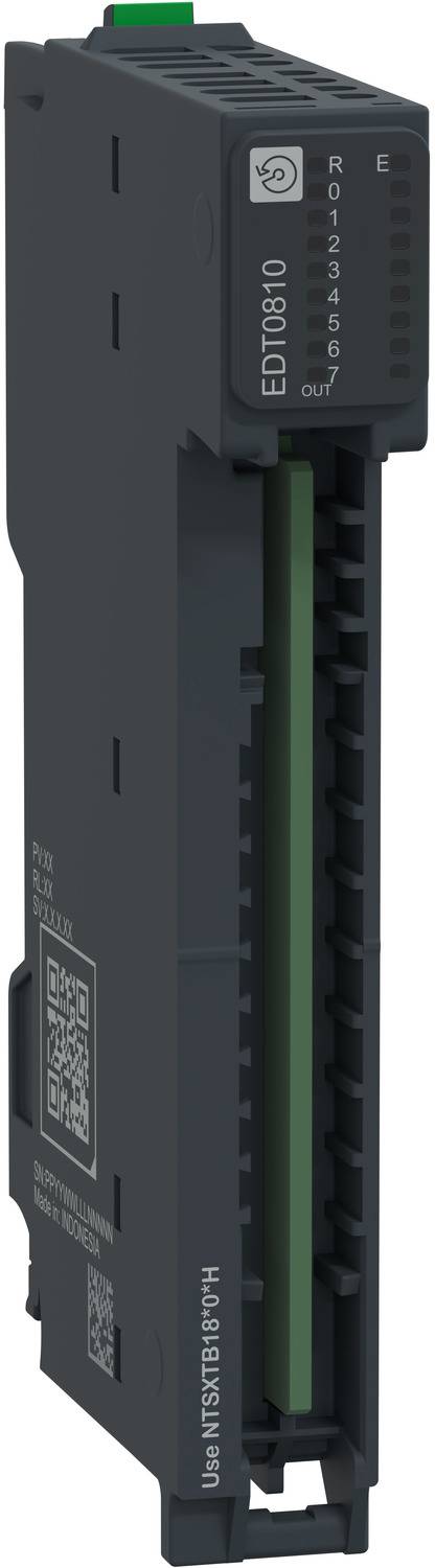 Schwarzes industrielles elektronisches Modul mit der Bezeichnung EDT0810 mit nummerierten Anzeigelichtern und grünen Anschllussklemmen.