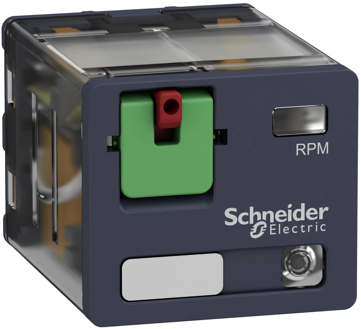 Schneider Electric RPM-Relaismodul mit transparentem Gehäuse, grüner/roter Testknopf und frontalem Statusfenster.