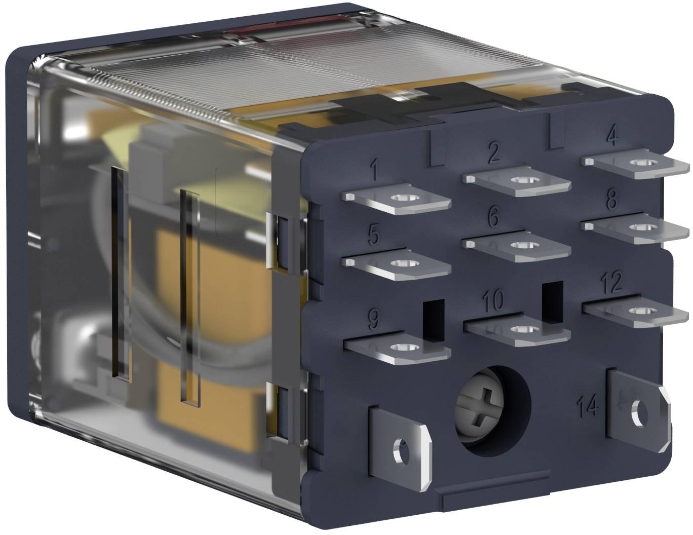 Transparenter elektrischer Relais mit 14 Metallanschlüssen, dargestellt in Perspektivansicht.