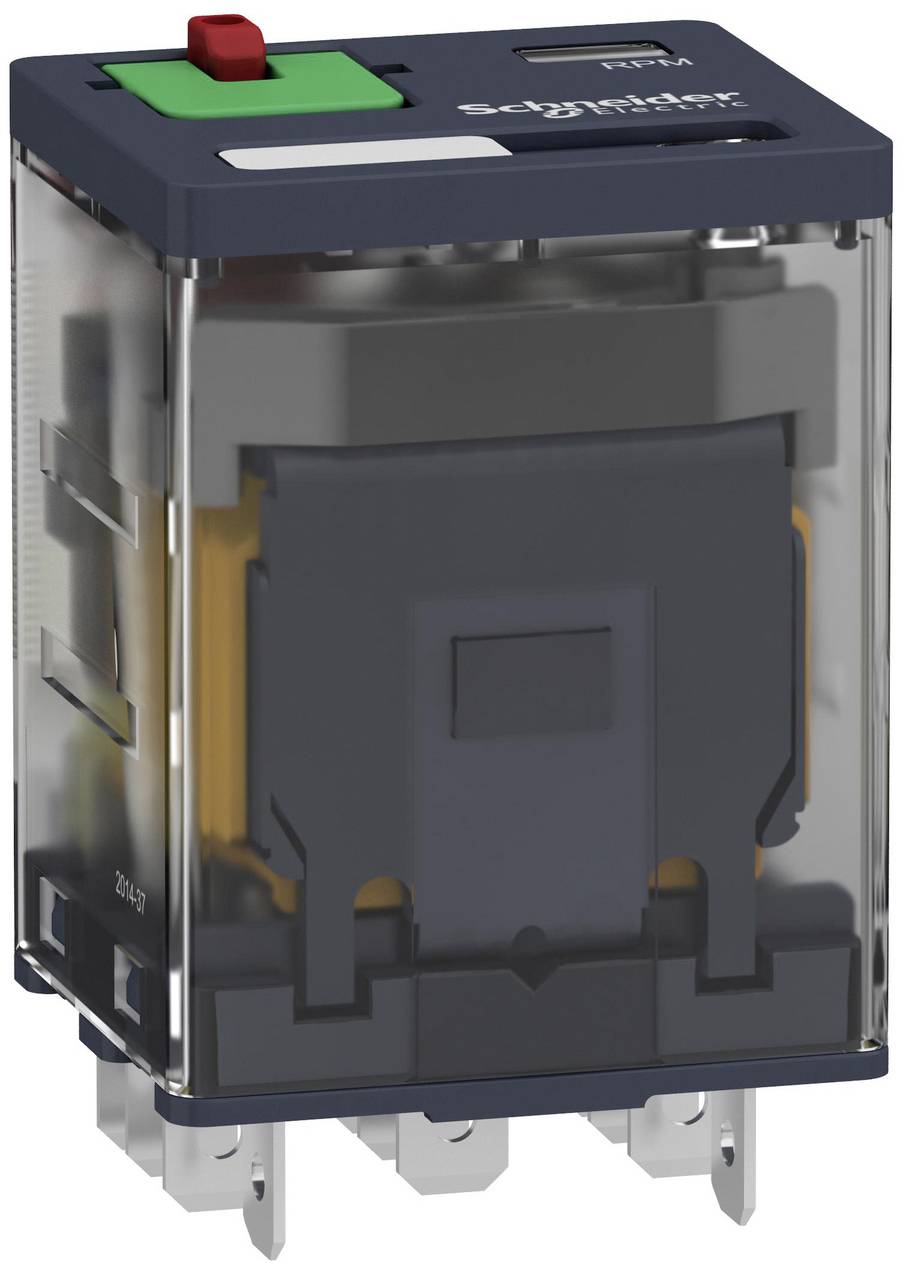 Durchsichtiges Schneider Electric Stromrelais/Modul mit rotem manuellem Testknopf und Metallanschlüssen an der Unterseite.