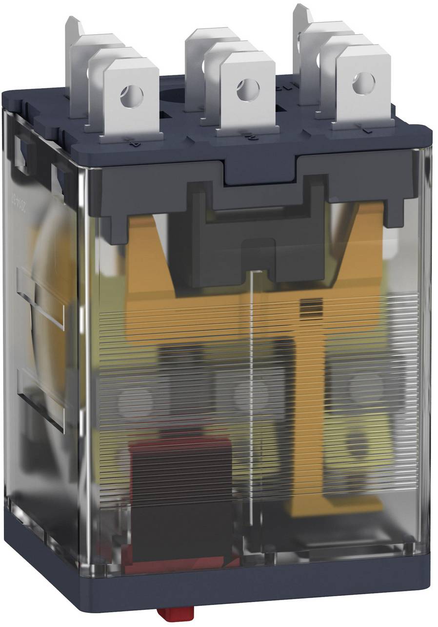 Transparentes elektrisches Relais mit drei oberen Anschlüssen, das sichtbare innere Spule und Schaltmechanismus in einem dunklen Kunststoffgehäuse zeigt.