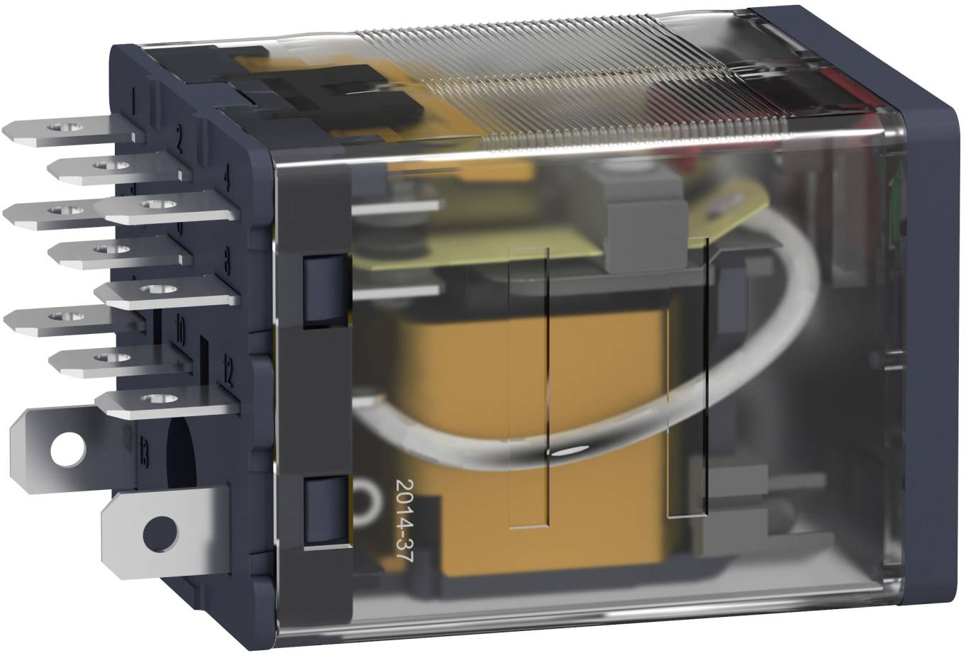 Transparentes elektrisches Relais mit Metallanschlüssen und sichtbarer interner Spule und Kontakten in einem schwarzen Kunststoffgehäuse.