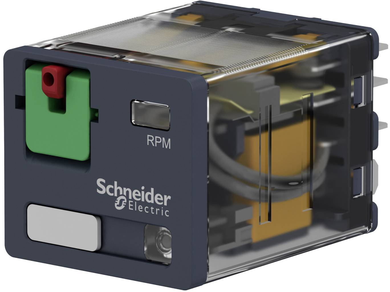 Schneider Electric Industrielektromagnetrelais-Modul mit transparenter Abdeckung, zeigt interne Spule und Kontakte, Vorderseite mit der Bezeichnung 'RPM'.