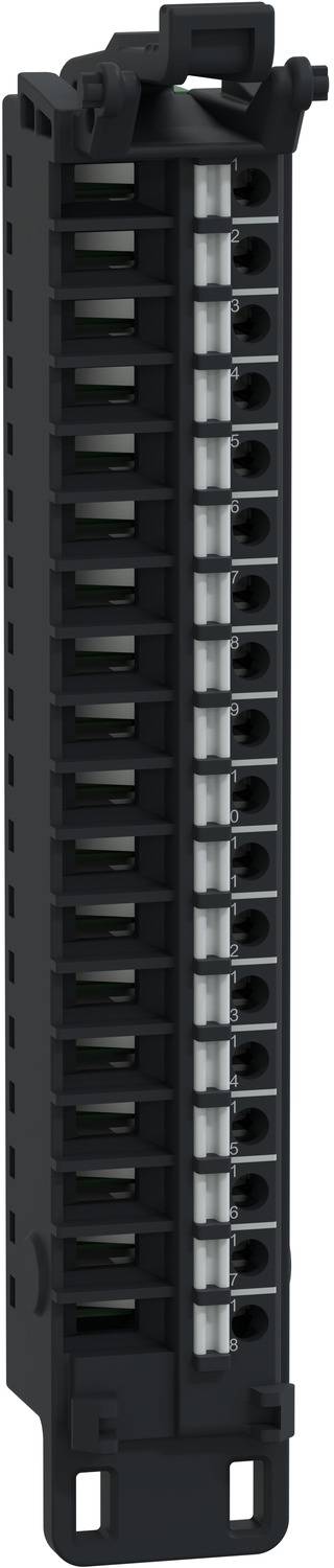 Schwarzer modularer elektronischer Stecker mit einer vertikalen Reihe von Metallkontakten und zwei Befestigungsnuten am unteren Ende.