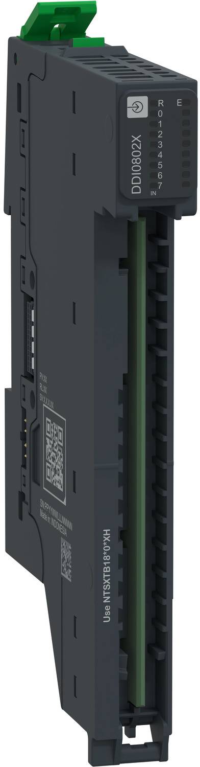 Schwarzes Industrieelektronikmodul mit grünem Stecker und nummeriertes Frontschild, isoliert auf weißem Hintergrund dargestellt.