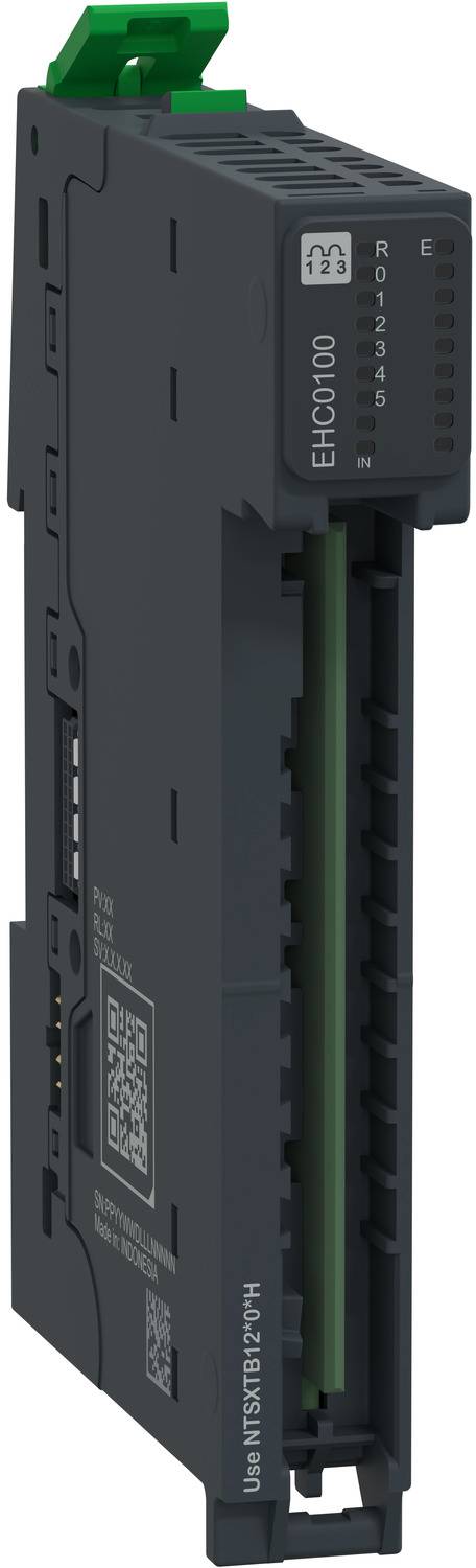 Schwarzes industrielles elektronisches Modul mit grünen Steckerkontakten, gekennzeichnet mit EHC0100 und Serienindikatoren, in Perspektivdarstellung vor weißem Hintergrund.