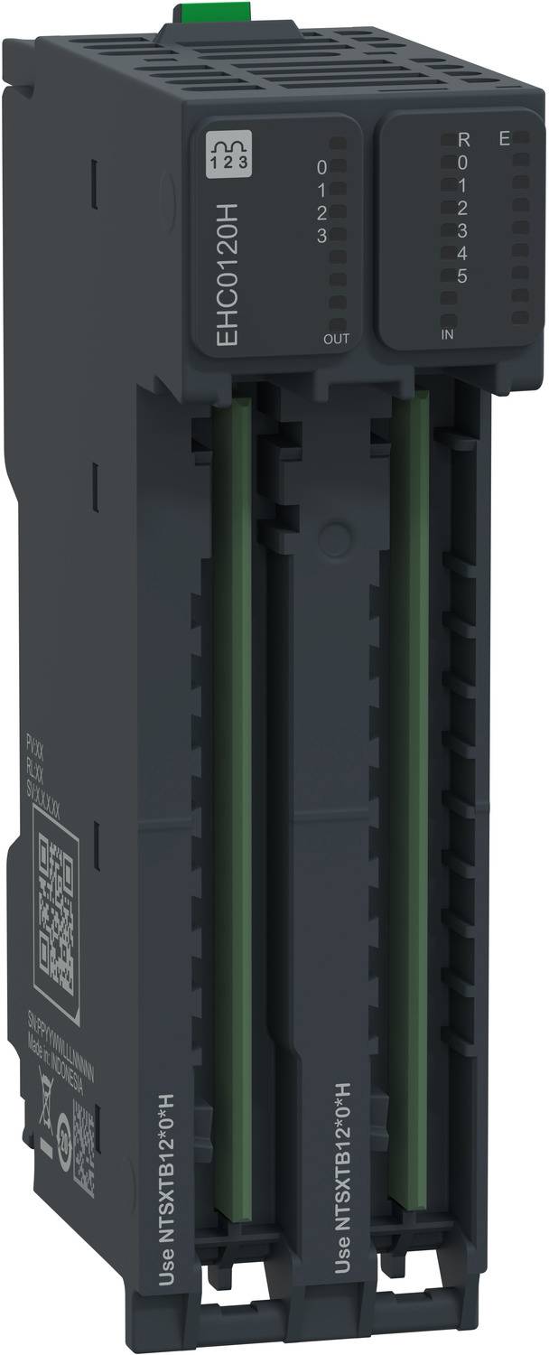 Schwarzes industrielles elektronisches Steuermodul mit der Bezeichnung EHC0120H mit zwei vertikalen Schlitzen und Statusanzeigedisplays.