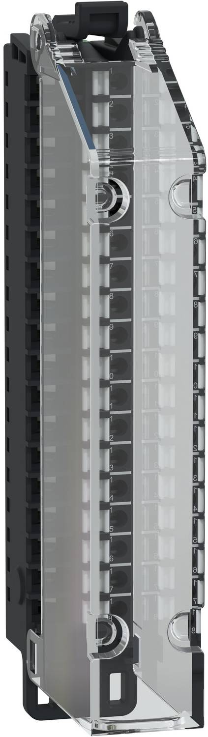 Transparenter modularer Leitungsschutzschalter mit schwarzem Griff und Seitenverschlüssen, aufrecht auf weißem Hintergrund dargestellt.