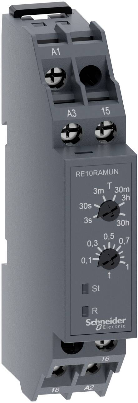 Schneider Electric A1/A2 Timer-Relaismodul mit verstellbaren Zeit- und Funktionswahlscheiben, beschriftet mit 3m bis 30h und 0,1 bis 1, für Schaltschränke der Elektroinstallation