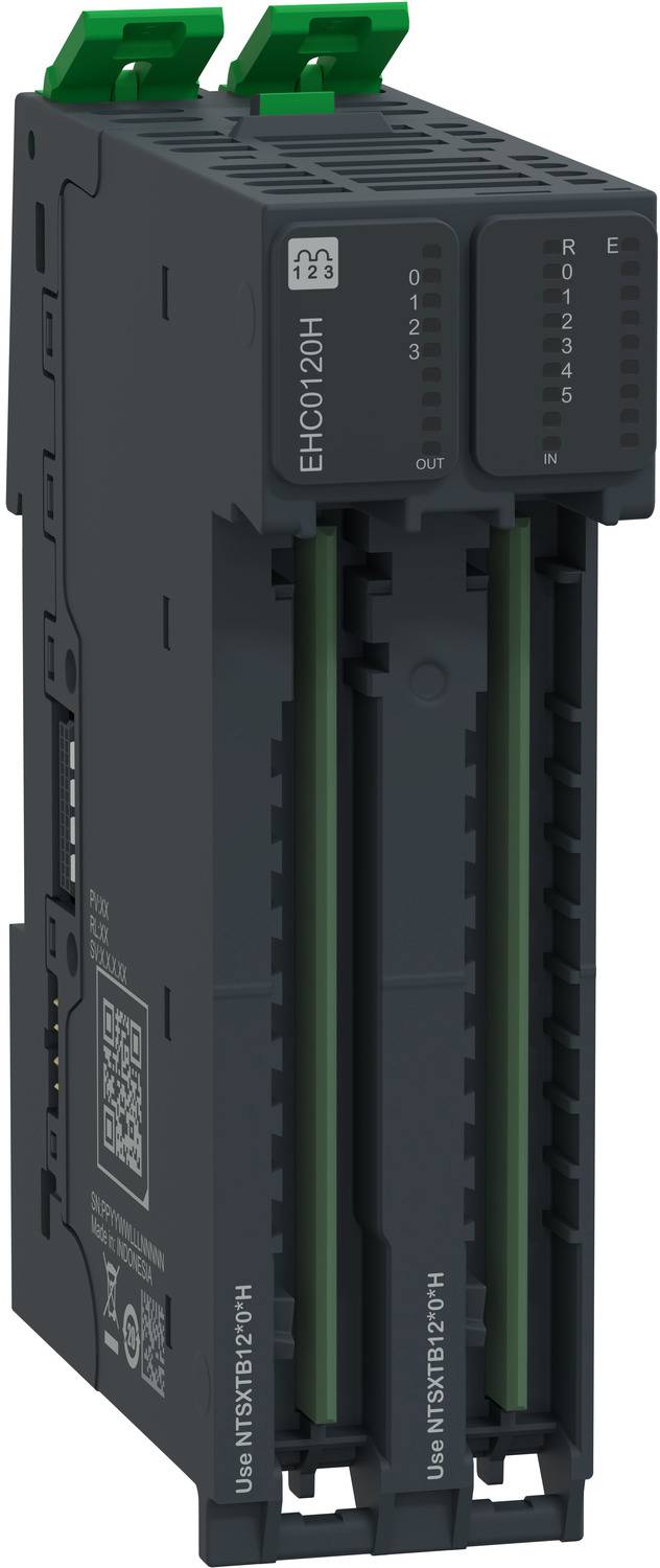 Industrielles elektronisches Steuermodul mit zwei vertikalen Steckplätzen und grünen Anschlussklemmen, auf der Vorderseite mit 'EHC120H' gekennzeichnet.