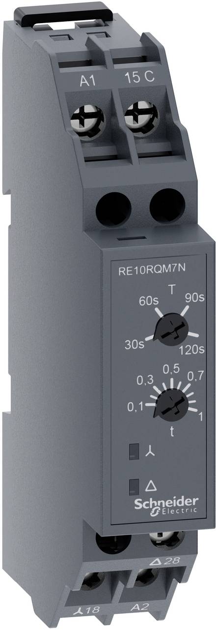 Schneider Electric Zeitverzögerungsrelaismodul mit verstellbaren Zeiteinstellrädern und Anschlussklemmen A1, 15C und A2.