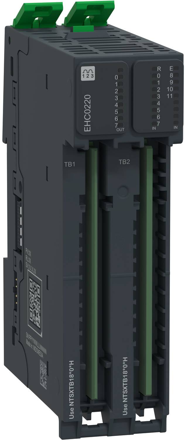 Schwarzes industrielles Elektronikmodul mit zwei vertikalen Anschlussschlitzen, gekennzeichnet mit EHC0220 und TB1/TB2, auf weißem Hintergrund gezeigt.