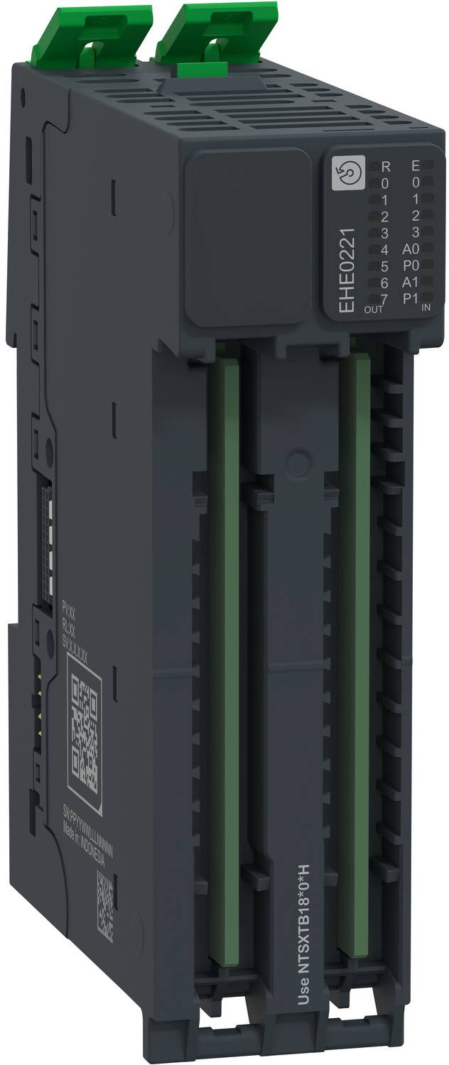 Schwarzes industrielles elektronisches Modul mit grünen Anschlussverbindungen, in Seitenansicht dargestellt und mit „EHC221