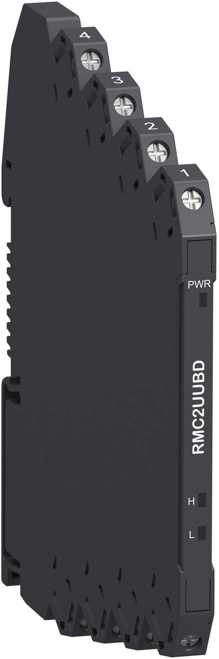 Schwarzes industrielles elektronisches Modul mit vier nummerierten Schraubklemmen und PWR-, H-, L-Indikatorbezeichnungen, auf der Vorderseite mit „RMC2UBD