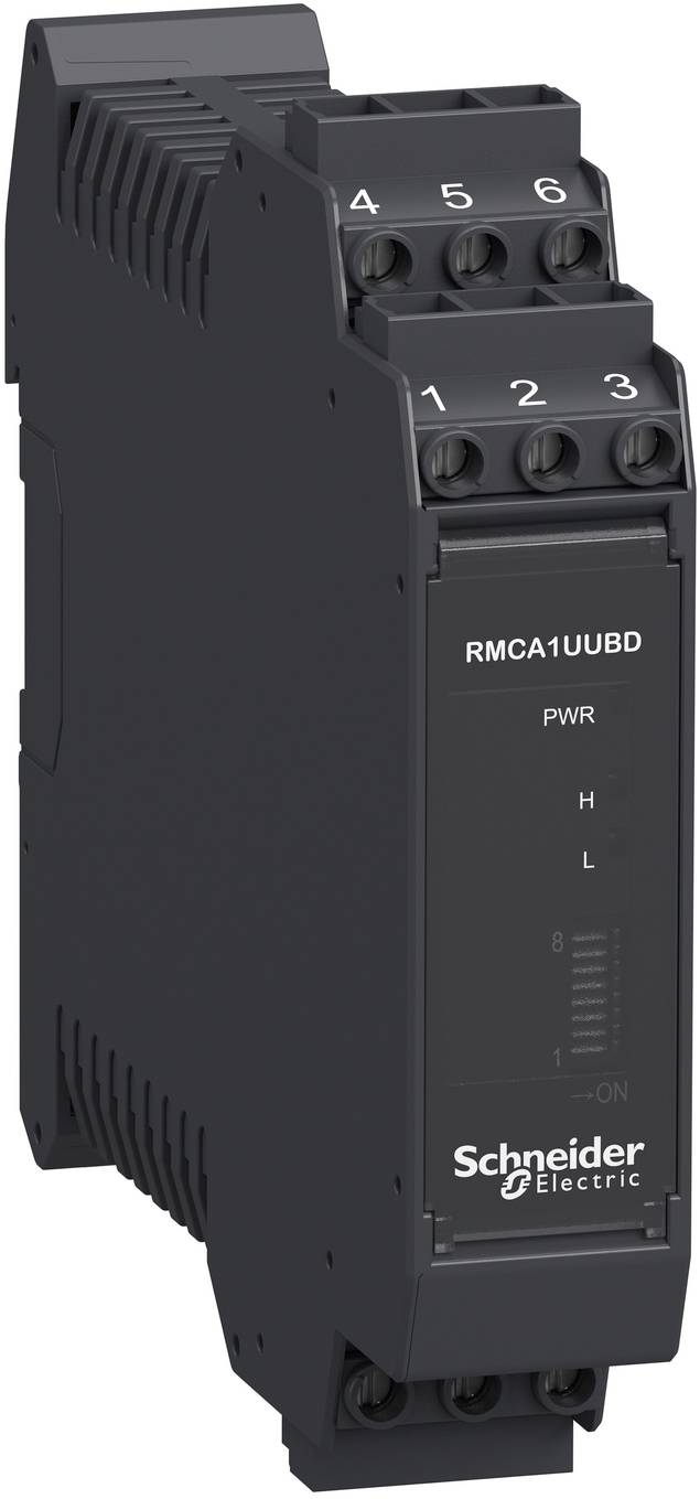 Schneider Electric RMCA1UUBD Relaismodul mit PWR-, H- und L-Statusanzeigen und nummerierten Anschlüssen 1-6.