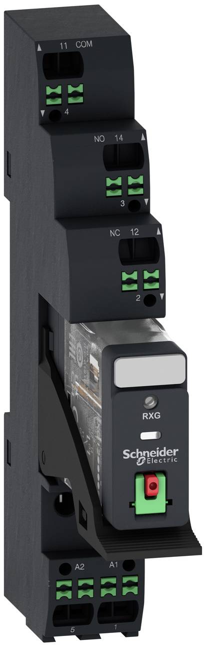 Schneider Electric modulares Relaisgerät mit Anschlüssen und einer roten manuellen Testtaste auf der Vorderseite.