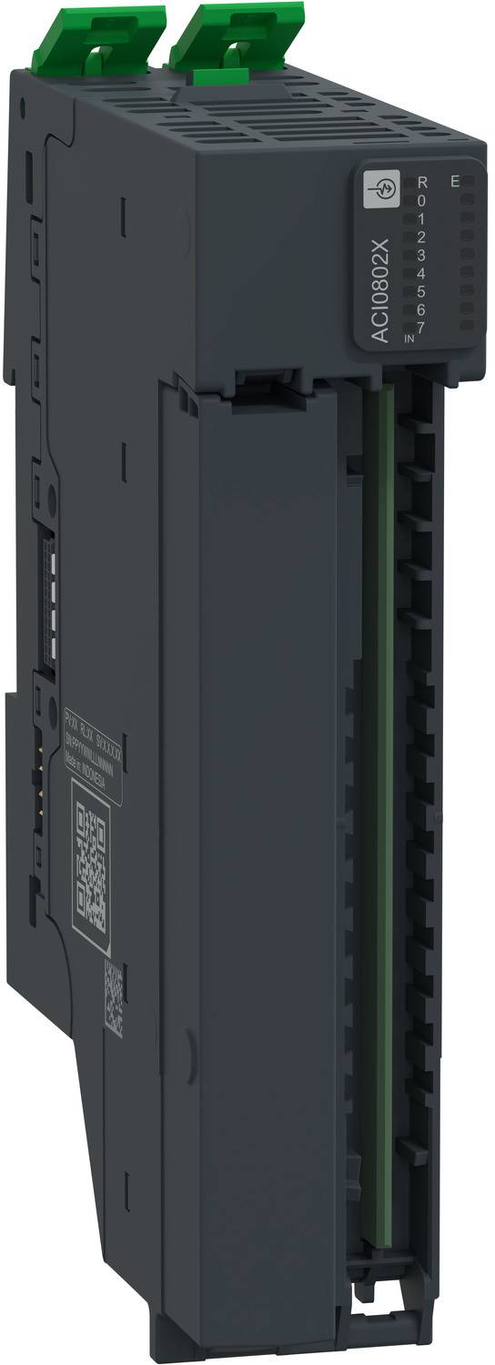 Schwarzes industrielles elektronisches Modul mit grünen Anschlussklemmen, beschriftet mit AC102B, in Seitenansicht auf weißem Hintergrund.