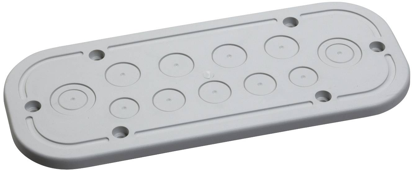 Silbernes ovales Metallblech mit mehreren vertieften kreisförmigen Löchern, auf weißem Hintergrund dargestellt.