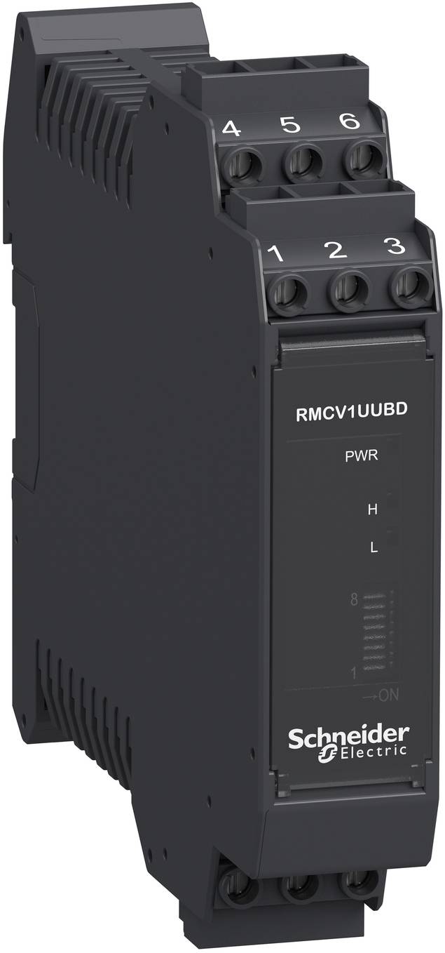 Schneider Electric RMCV1UUBD Stromrelaismodul mit nummerierten Schraubklemmen und PWR, H, L Statusanzeigen.