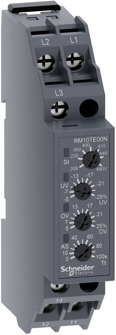 Schneider Electric Steck-Zeitrelaismodul mit drei Einstelldrehknöpfen und gekennzeichneten Anschlüssen L1, L2, L3 und 11–14.