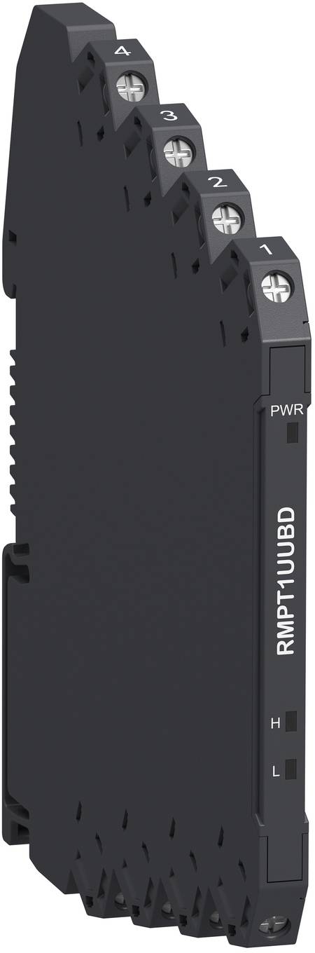 Schwarzes industrielles elektronisches Modul mit vier nummerierten Anschlussschrauben und Beschriftungen PWR, H, L, gekennzeichnet mit RMPT1UUD.