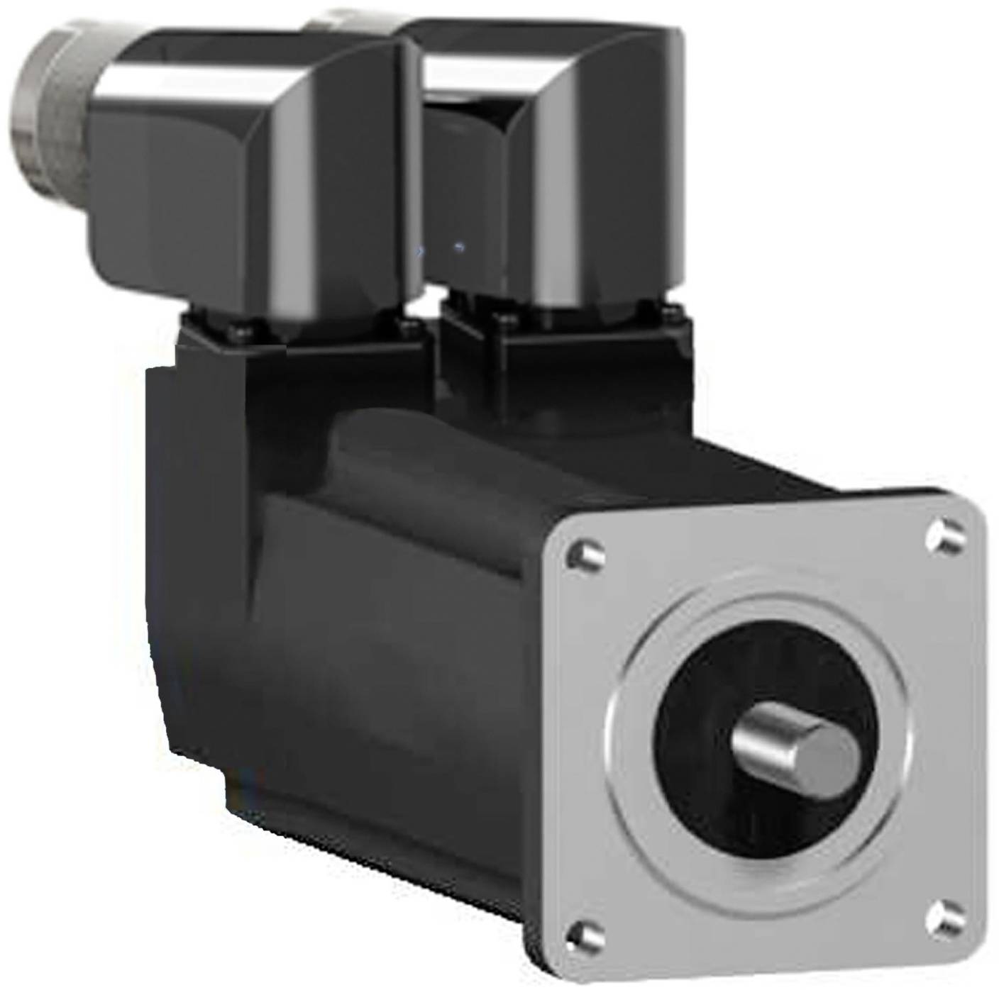 Schwarzer Industrieelektromotor mit quadratischem Vorderflansch und hervorstehendem Schaft, dargestellt in Dreiviertelperspektive auf weißem Hintergrund.