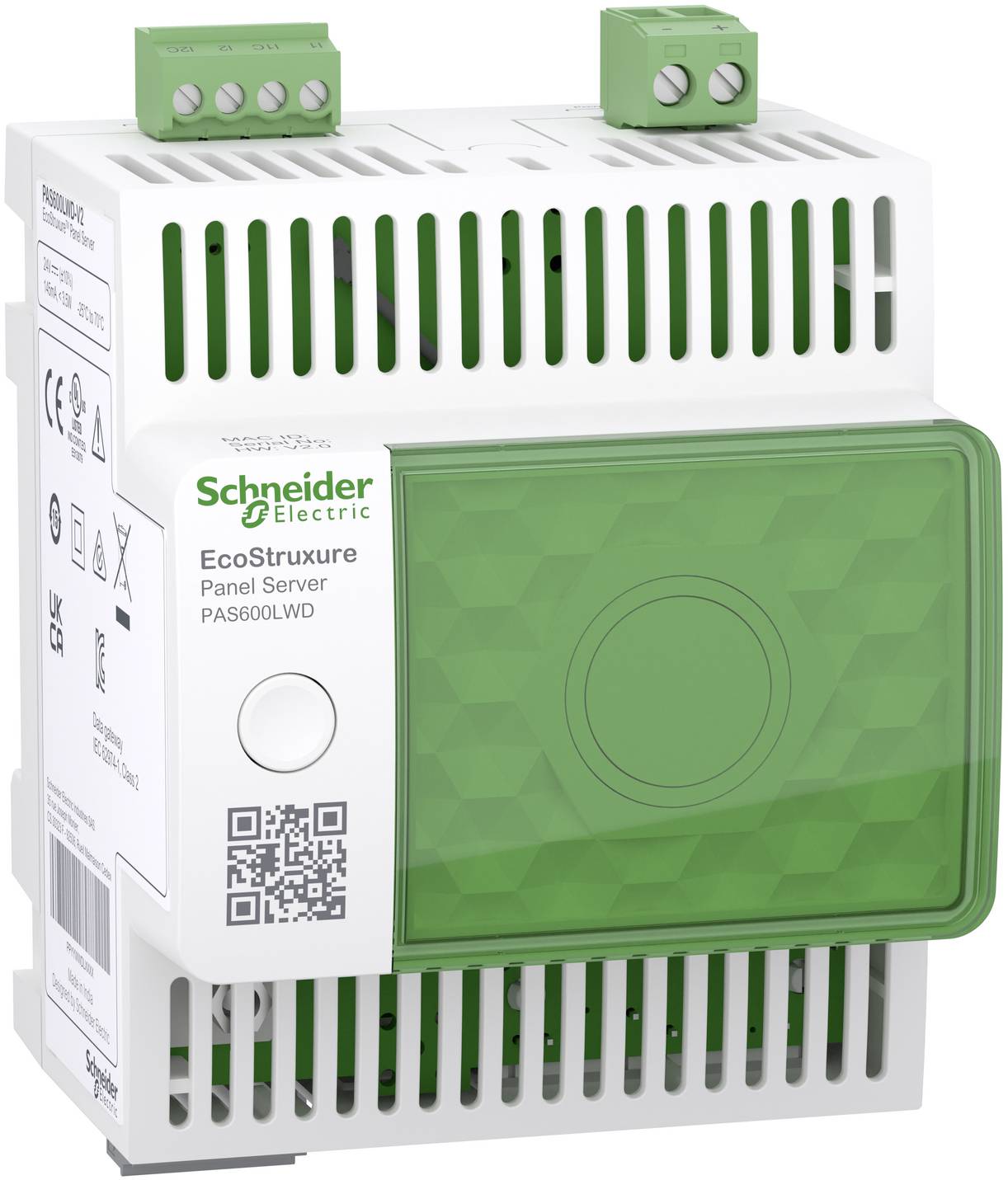 Schneider Electric EcoStruxure Panel Server-Gerät mit grünen Anschlussklemmen und einer vorderen Displayabdeckung.