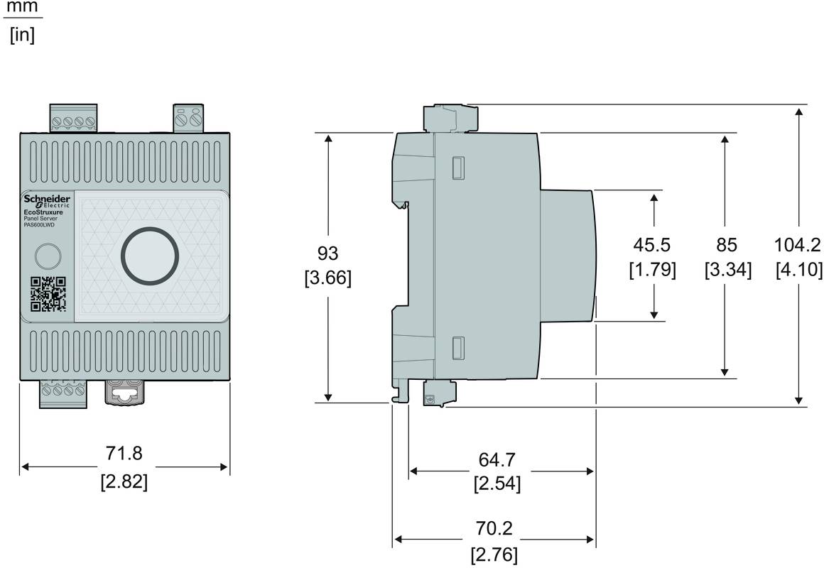 Technische Maßzeichnung eines Schneider Electric Moduls, dargestellt in Front- und Seitenansicht mit Abmessungen in mm und Zoll.