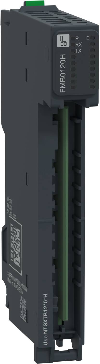 Schwarzes industrielles elektronisches Modul mit Bezeichnung EMB2010H mit Status-LEDs und Steckverbinderschächten, gezeigt auf weißem Hintergrund.