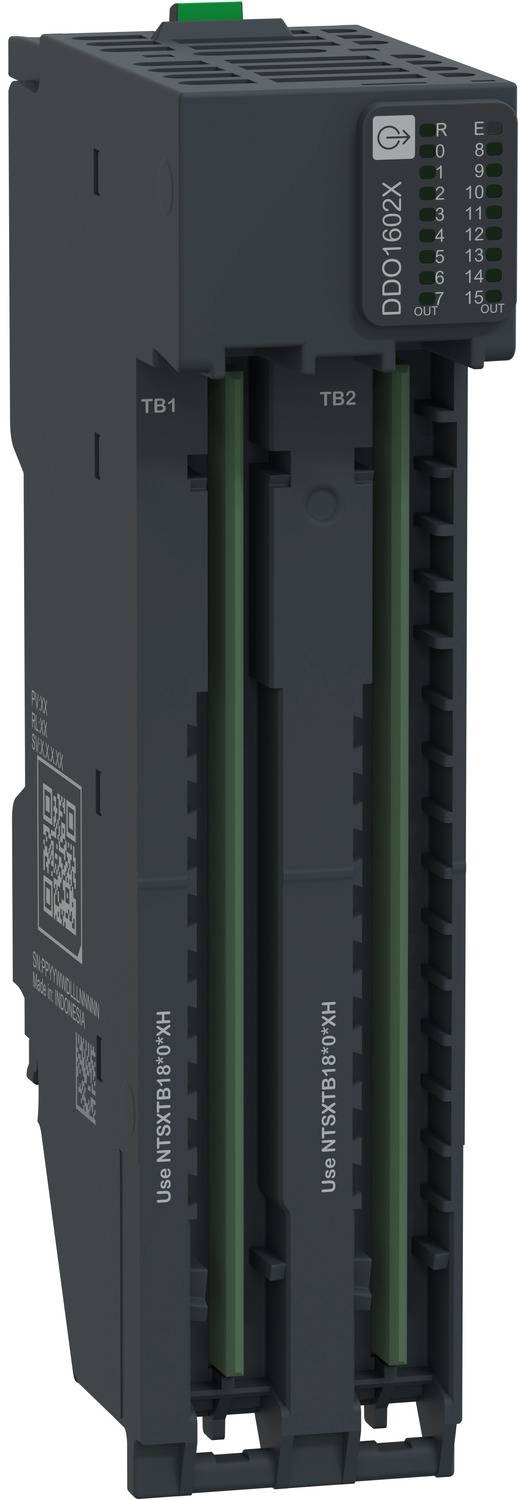 Schwarzes industrielles Ein-/Ausgangsmodul mit zwei vertikalen Anschlussleisten mit den Bezeichnungen TB1 und TB2, Status-LEDs an der Vorderseite und Modellbezeichnung an der Seite.