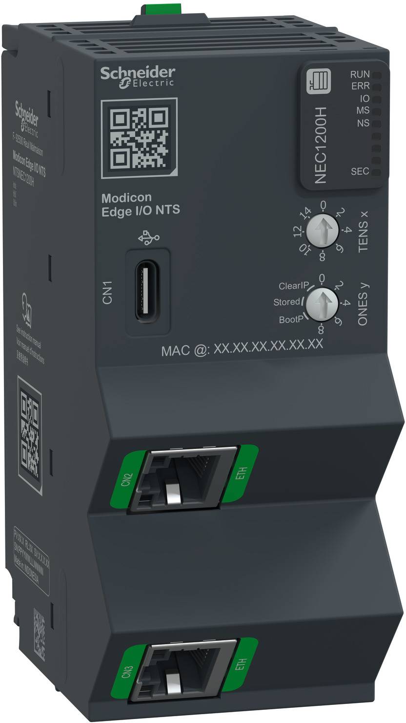 Schwarzes Schneider Electric Modicon Edge I/O NTS Industrie-Controller-Modul mit Ethernet-Anschlüssen, Status-LEDs, QR-Codes und Einstellreglern.