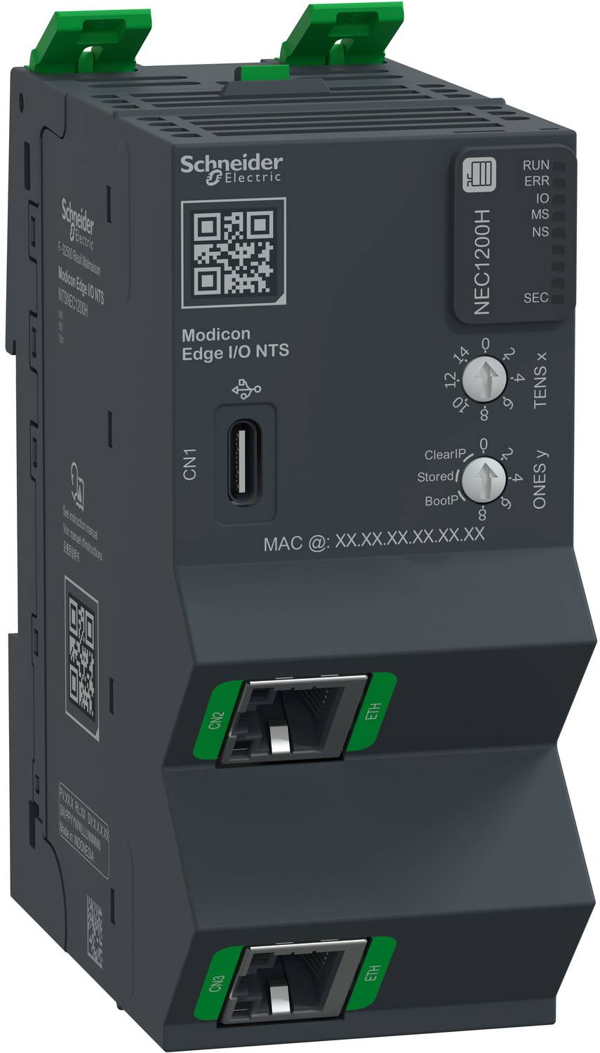 Schneider Electric Modicon Edge I/O NTS Industriecontroller-Modul mit QR-Code, USB-Anschluss, Status-LEDs und zwei vorderen Schaltern.
