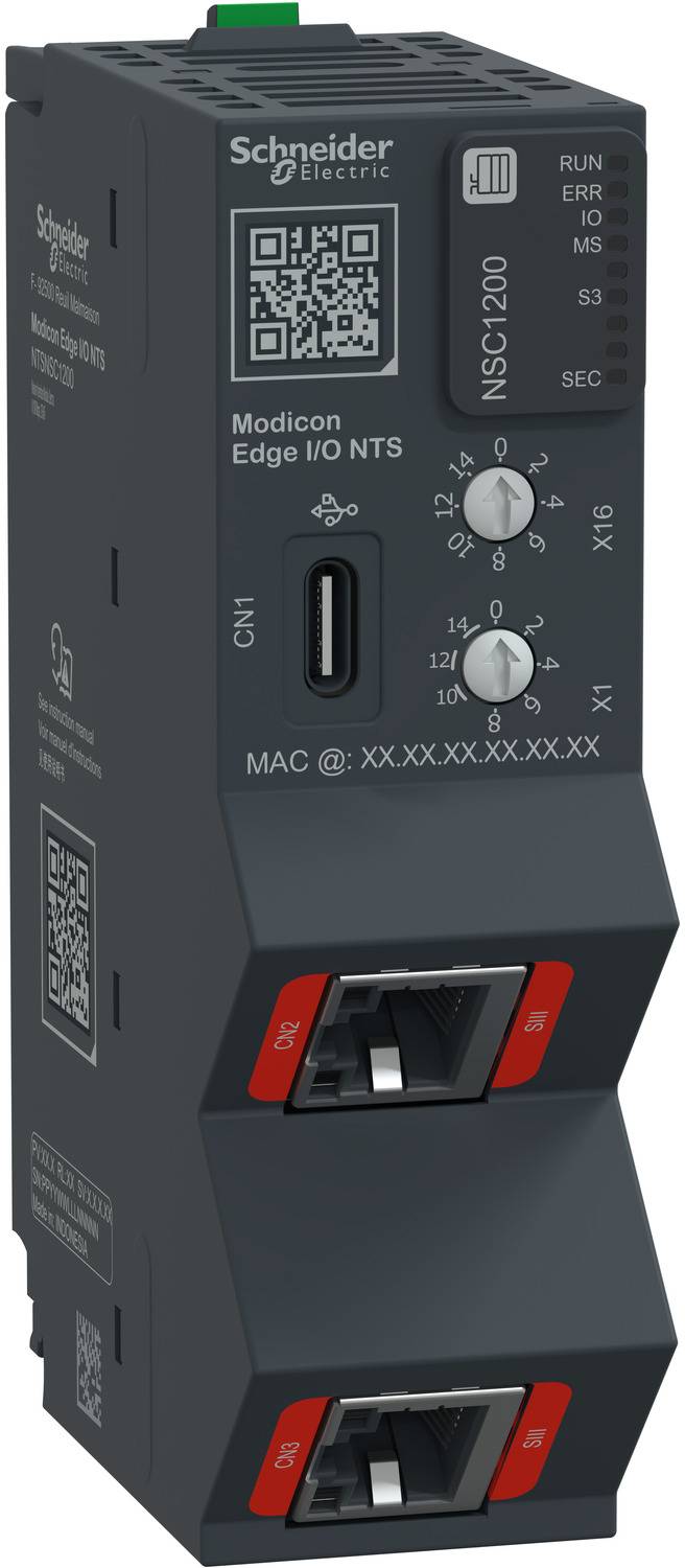 Schneider Electric Modicon Edge I/O-Modul, ein Industriesteuergerät mit QR-Code, USB-C-Anschluss, Status-LEDs und zwei Ethernet-Anschlüssen.