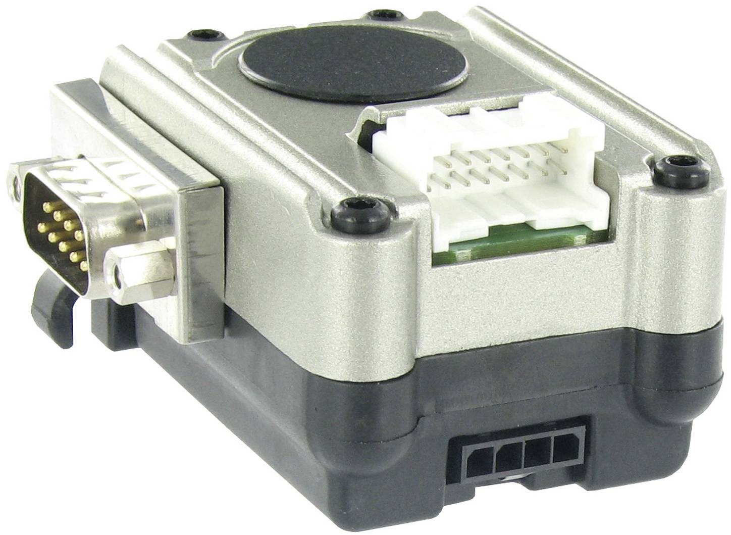 Nahaufnahme eines kleinen elektronischen Steuermoduls mit Metallgehäuse und mehreren Anschlüssen, darunter ein weißer Stecker und ein Stiftstecker.