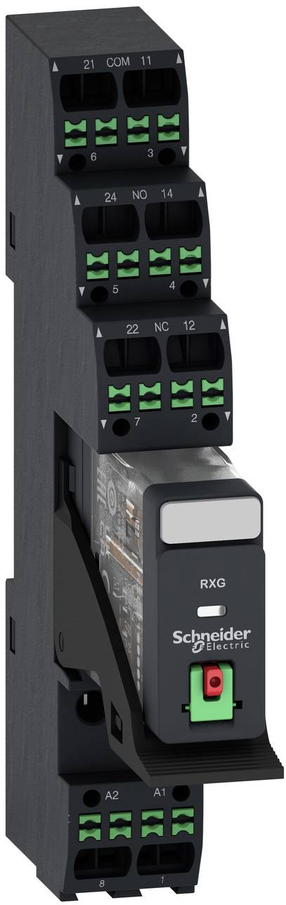Vertikales Schneider Electric RXG-Relaismodul mit drei gestapelten Relaissteckern und grünen Anschlussblöcken