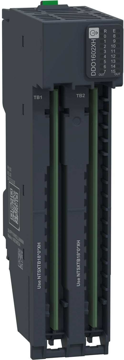 Schwarzes Industrie-Automatisierungsmodul mit zwei vertikalen grünen Anschlussleisten mit den Bezeichnungen TB1 und TB2, mit einem Statusanzeige-/Wählerschalter-Panel auf der rechten Seite.