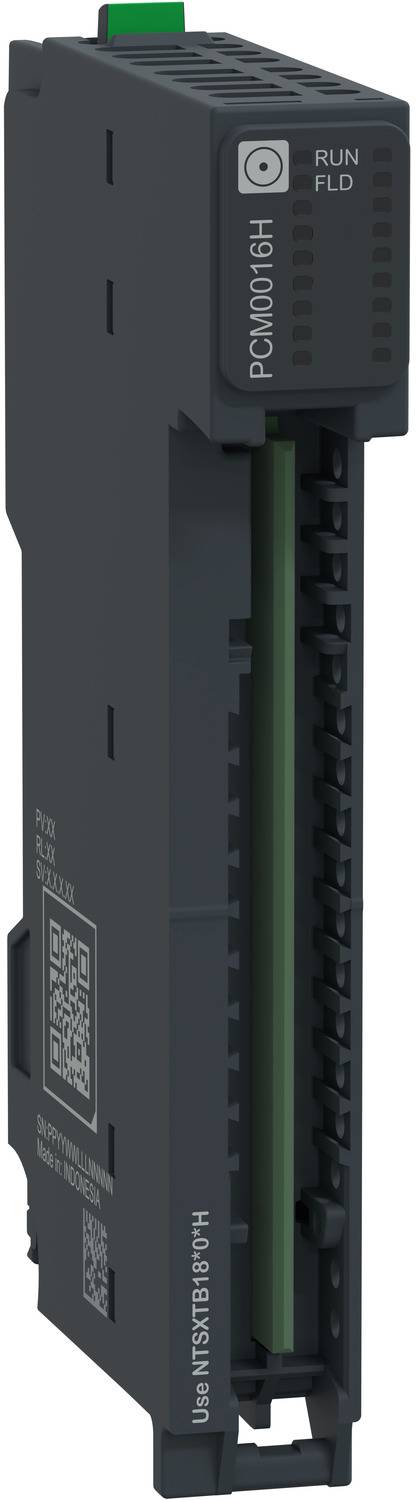 Schwarzes Industriemodul mit grünem Stecker und Statusleuchten, beschriftet mit PCM00161 und RUN FLD, in Seitenansicht auf weißem Hintergrund gezeigt.
